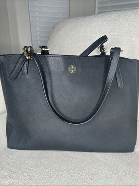 Tory Burch Black Saffiano Leather Tote with Gold Logo